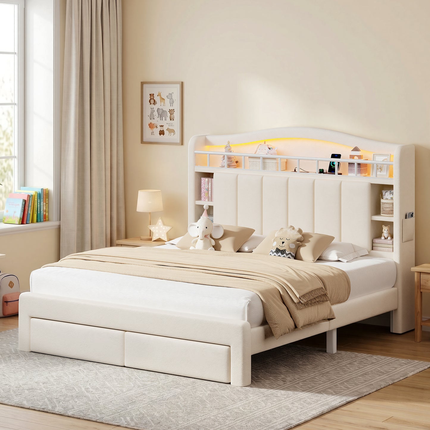 Hijob Beige Velvet Upholstered Platform Full Size LED Bed Frame with Drawer Adjustable Lighted Headboard for Girls Kid's Bedroom