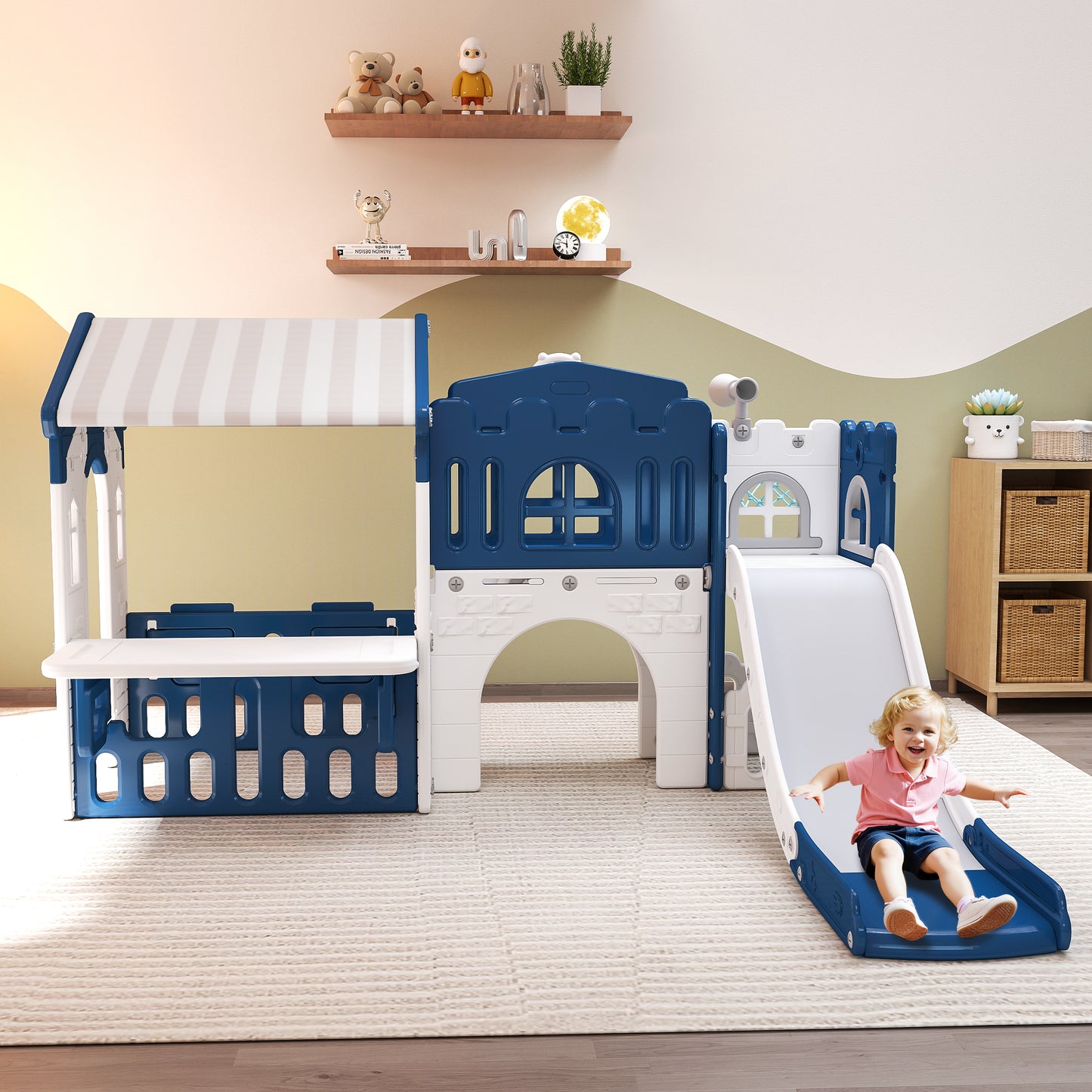 WFUN 9 in 1 Indoor Infant Toddler Playground Slides Playset for Backyard Home, Blue & Gray