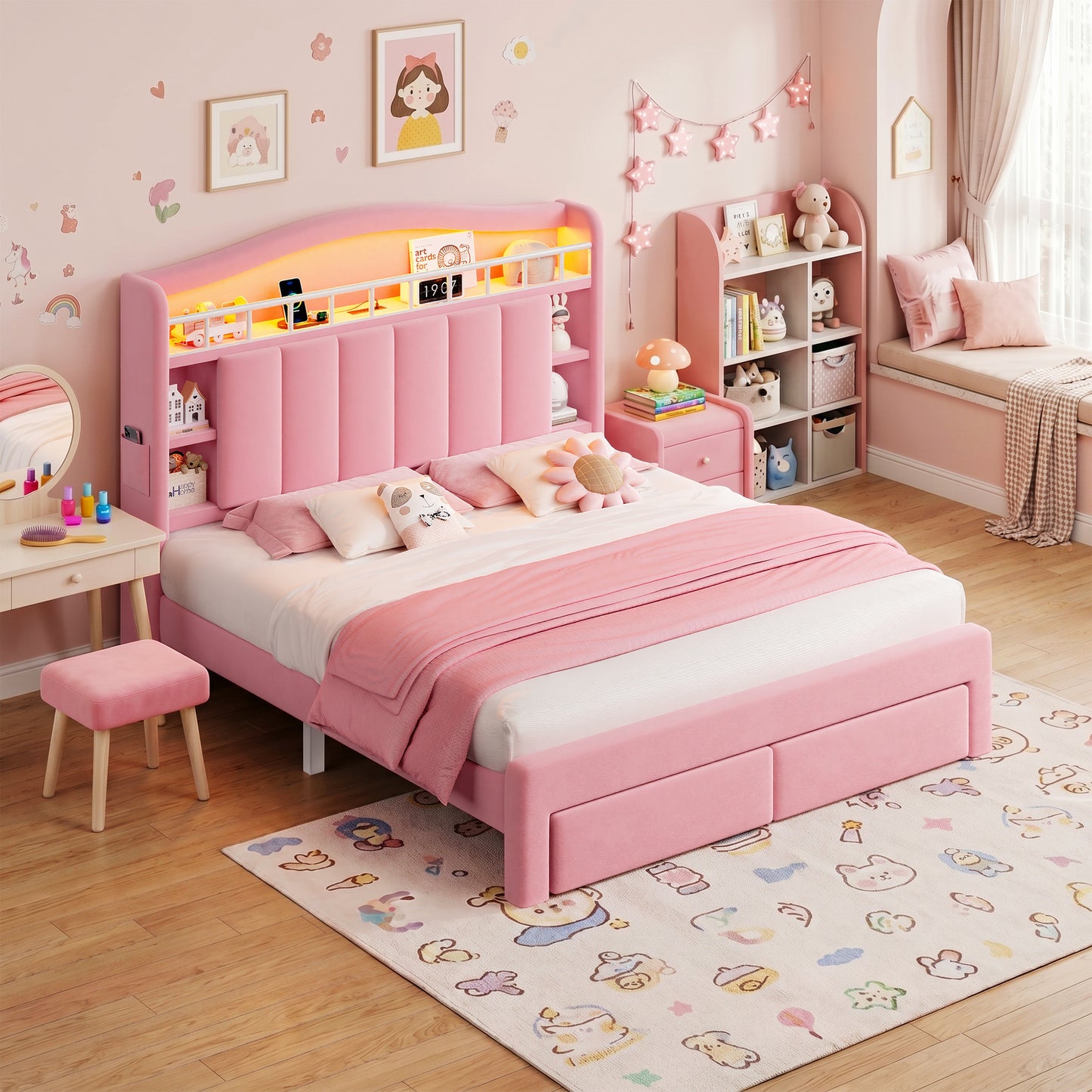 Hijob Pink Velvet Upholstered Platform Full Size LED Bed Frame with Drawer Adjustable Lighted Headboard for Girls Kid's Bedroom, Pink