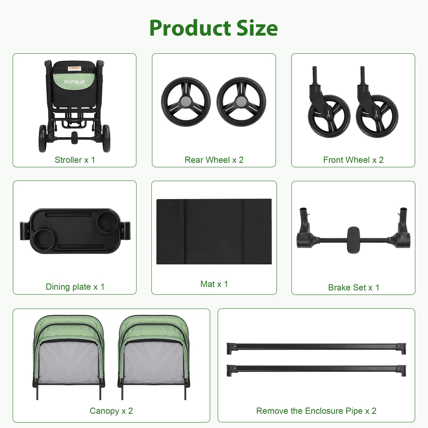 Minikid Baby Stroller Wagon With Canopy,Organizer,Adjustable Handle & Pull Bar for Infants and Toddlers,Green