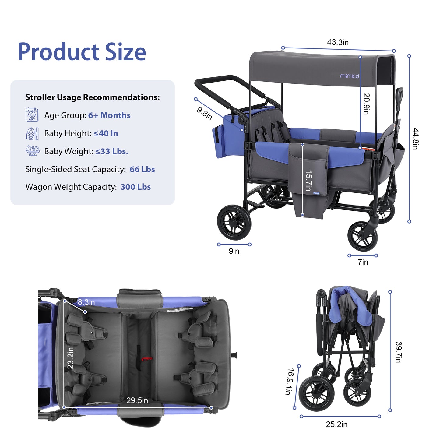 Minikid 4 Seater Wagon Stroller with Canopy,5-Point Harness,Adjustable Handlebars for Baby Toddlers,Gray