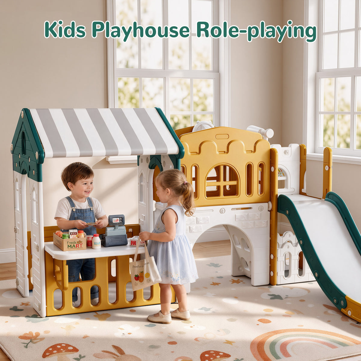 Vipuse Playhouse Playsets with Slide, 9 in 1 Playground Toddler Slide for Indoor Outdoor Backyard,Yellow & Green