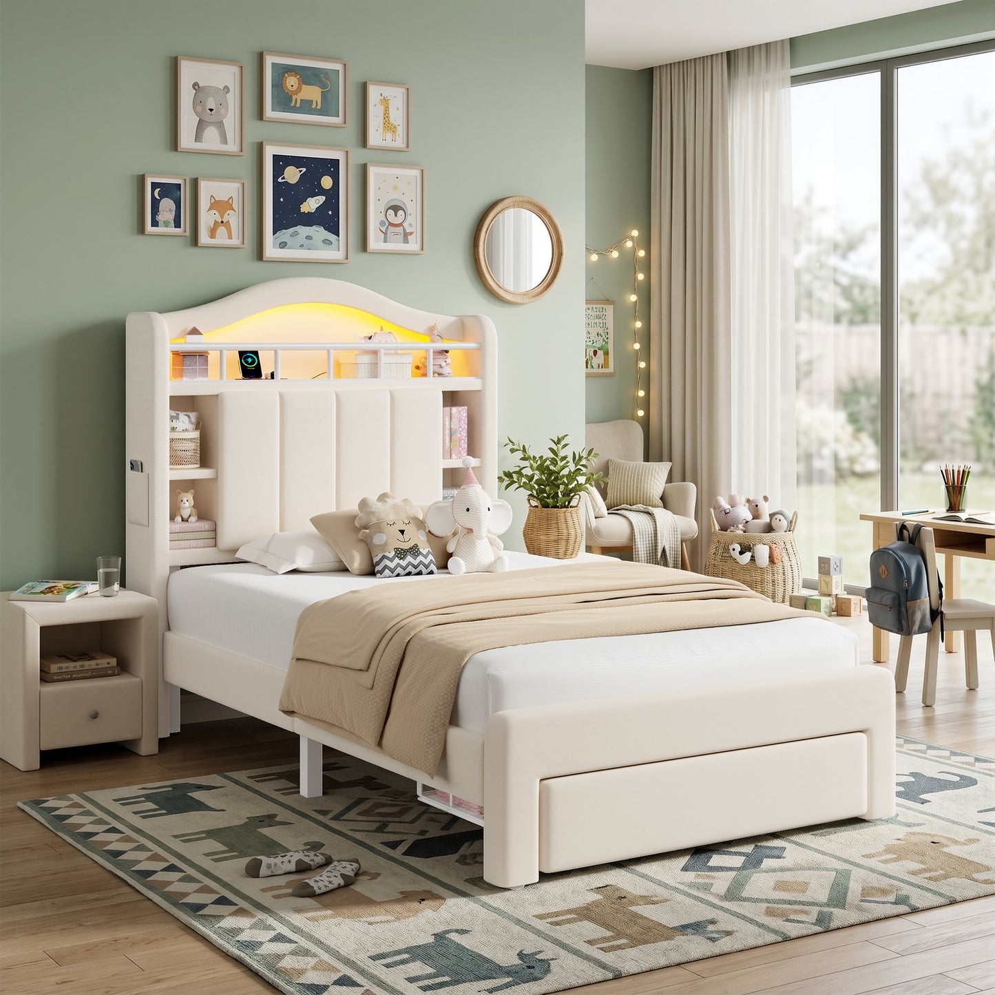 Hijob Beige Velvet Upholstered Platform Twin Size LED Bed Frame with Drawer Adjustable Lighted Headboard for Girls Kid's Bedroom