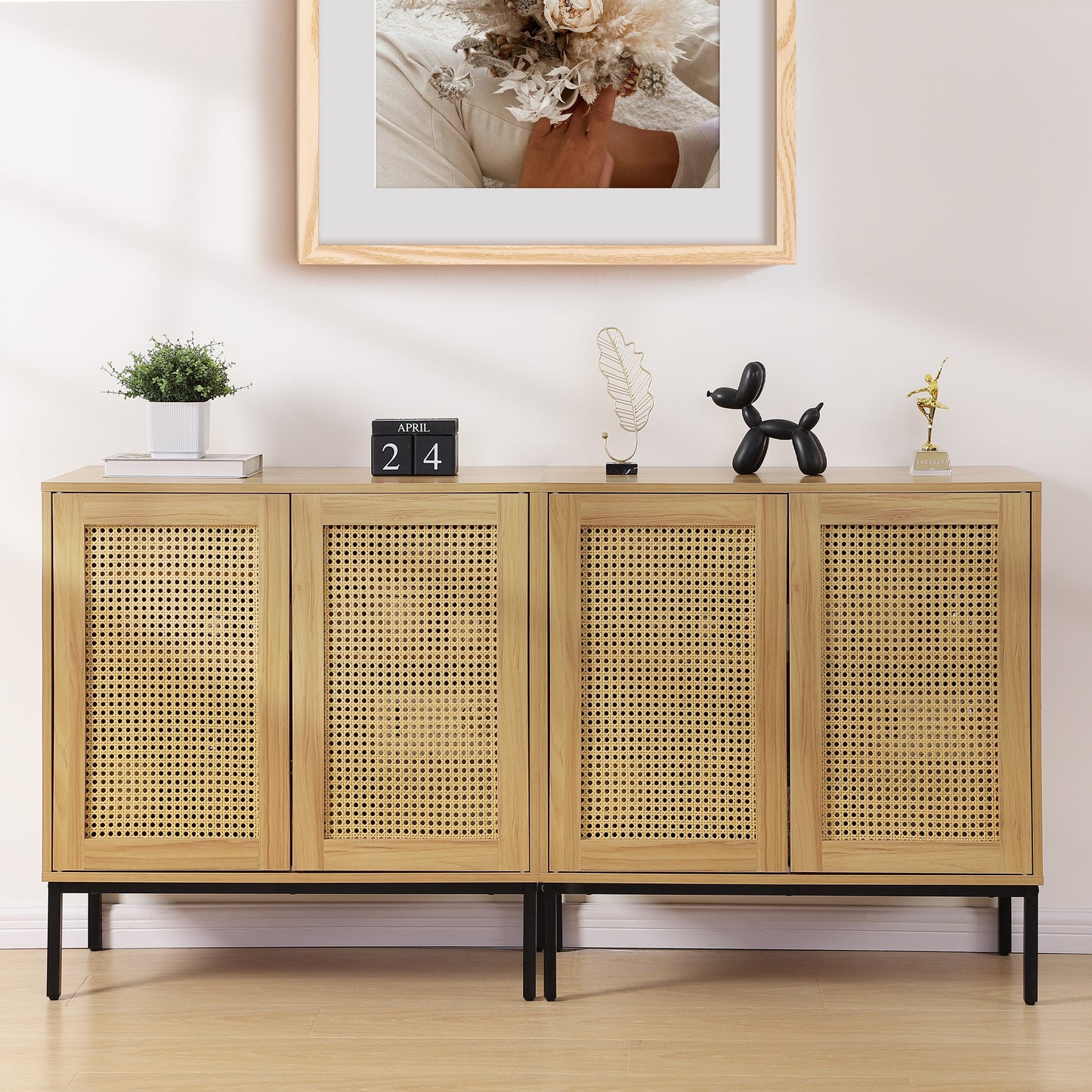 Nifamembo Sideboard Buffet Kitchen Storage Cabinet with Rattan Decorated Doors, Liquor/Accent Cabinet, Natural