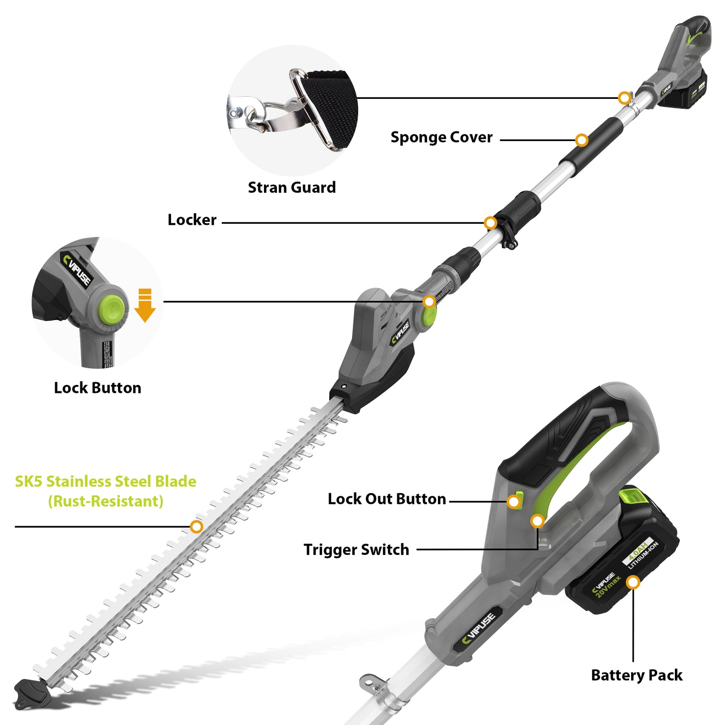Vipuse Pole Hedge Trimmer Cordless, Electric Bush Trimmer Tool with 21" Dual-Action Blade, Detachable Telescoping Pole, 4.0Ah Battery, Powerful Branches Cutter for Tree & Shrubs Pruning