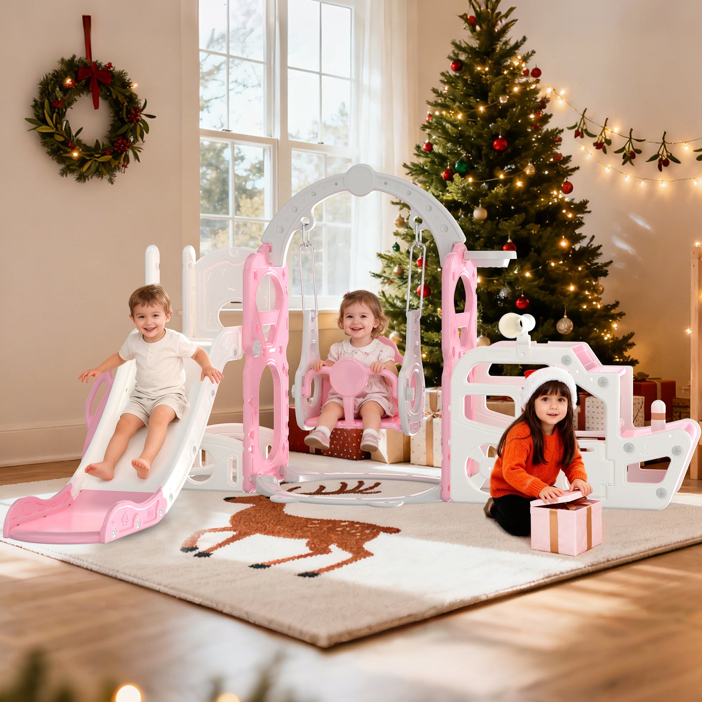 Vipuse 6 in 1 Kid Slide, Indoor and Outdoor Toddler Playground for Girls Age 1-3,Pink