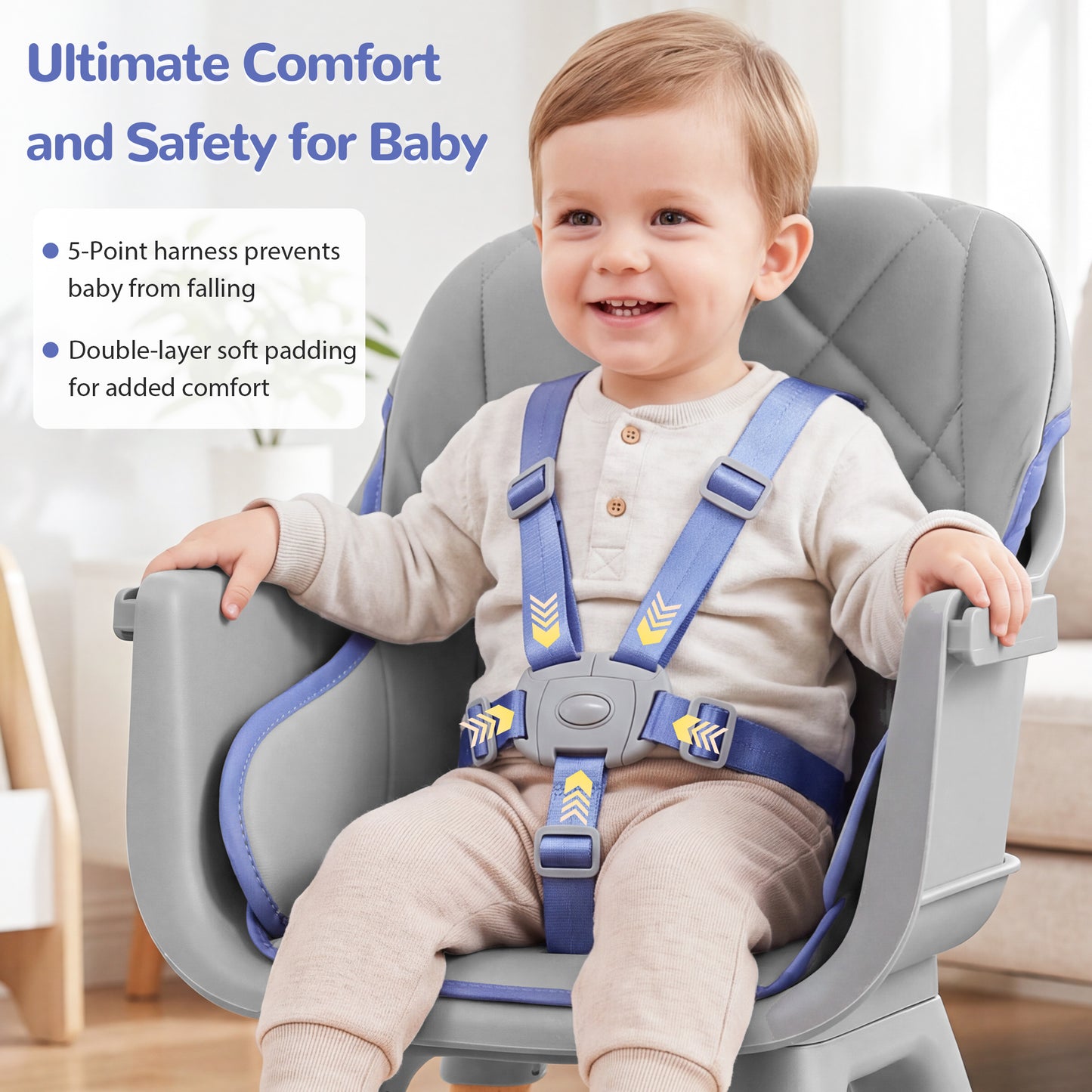 Minikid Wooden Baby High Chair with Removable Tray, 8 in 1 Convertible Feeding Highchair for Toddlers,Gray