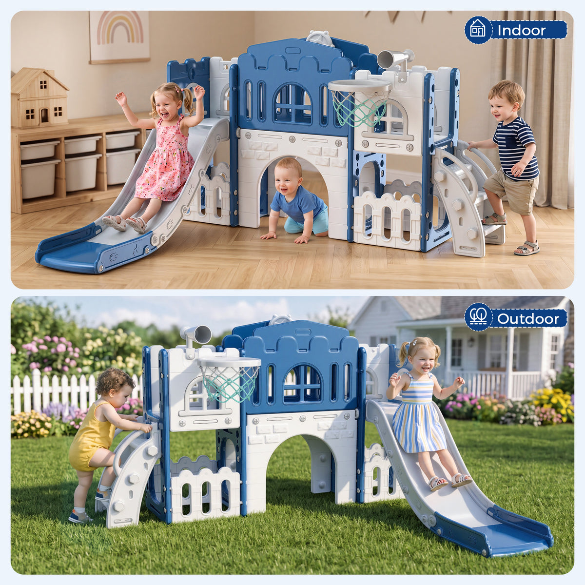 Vipuse 9 in 1 Toddler Slide Playset for Kids Indoor/Outdoor for Toddlers Age 1+, Blue & Gray