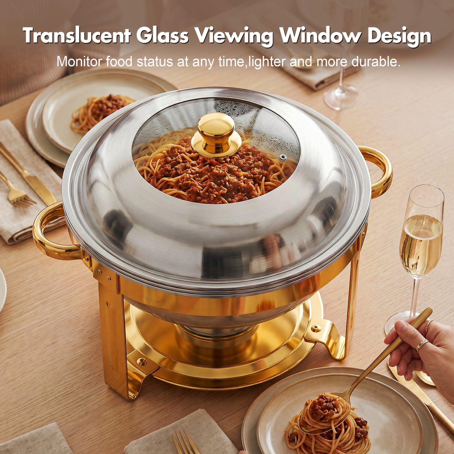 Vipuse Chafing Dishes for Buffet, 4 Pack 5QT Round Stainless Steel Chafing Dish Set for Home Parties, Christmas Gatherings, Catering Events Complete Buffet Warmer Set, Golden