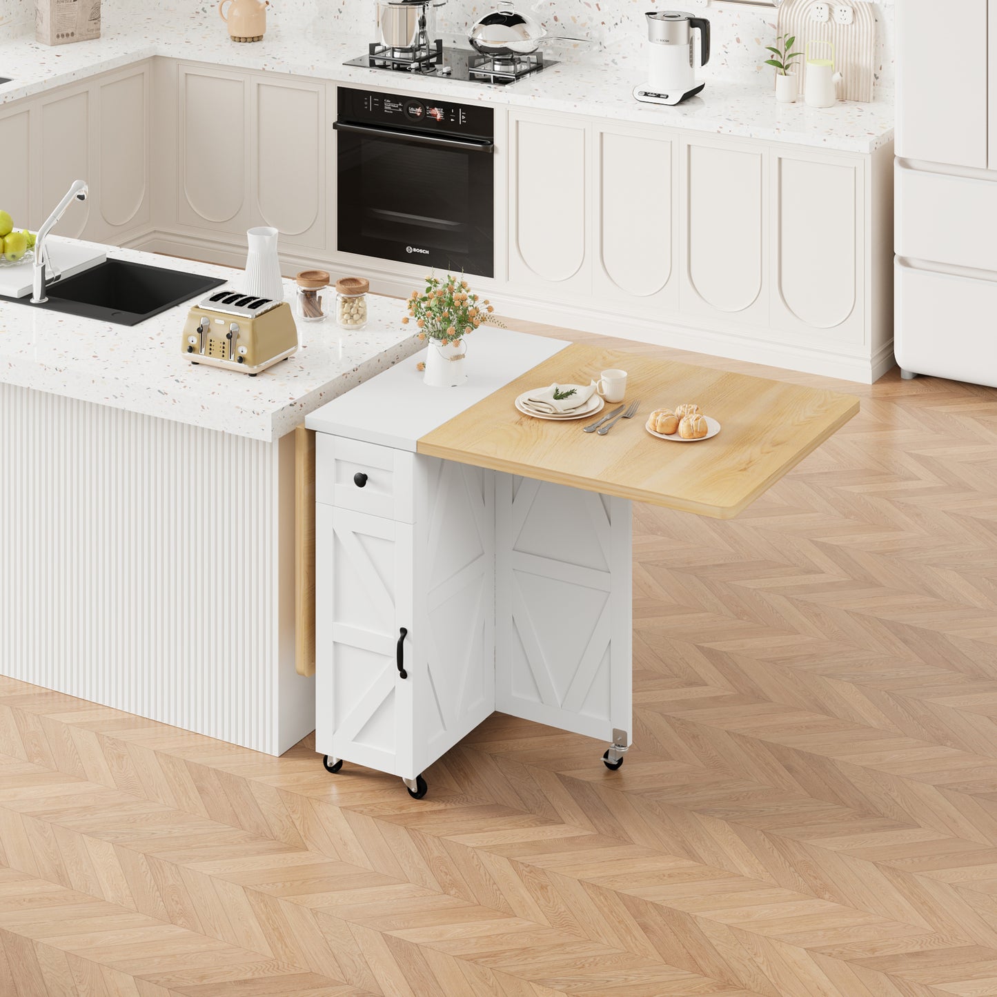 Anyact Space Saving Versatile Folding Kitchen Dining Table with Wheels & Storage Shelf for Small Apartment