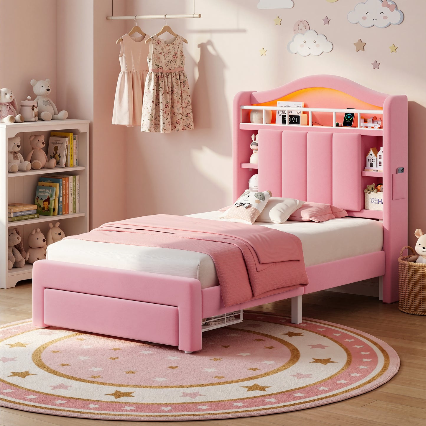 Hijob Pink Velvet Upholstered Platform Twin Size LED Bed Frame with Drawer Adjustable Lighted Headboard for Girls Kid's Bedroom