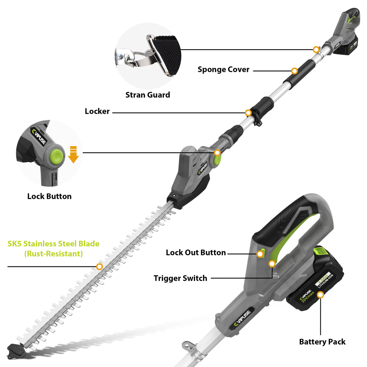 Vipuse Pole Hedge Trimmer Cordless, Electric Bush Trimmer Tool with 21" Dual-Action Blade, Detachable Telescoping Pole, 4.0Ah Battery, Powerful Branches Cutter for Tree & Shrubs Pruning