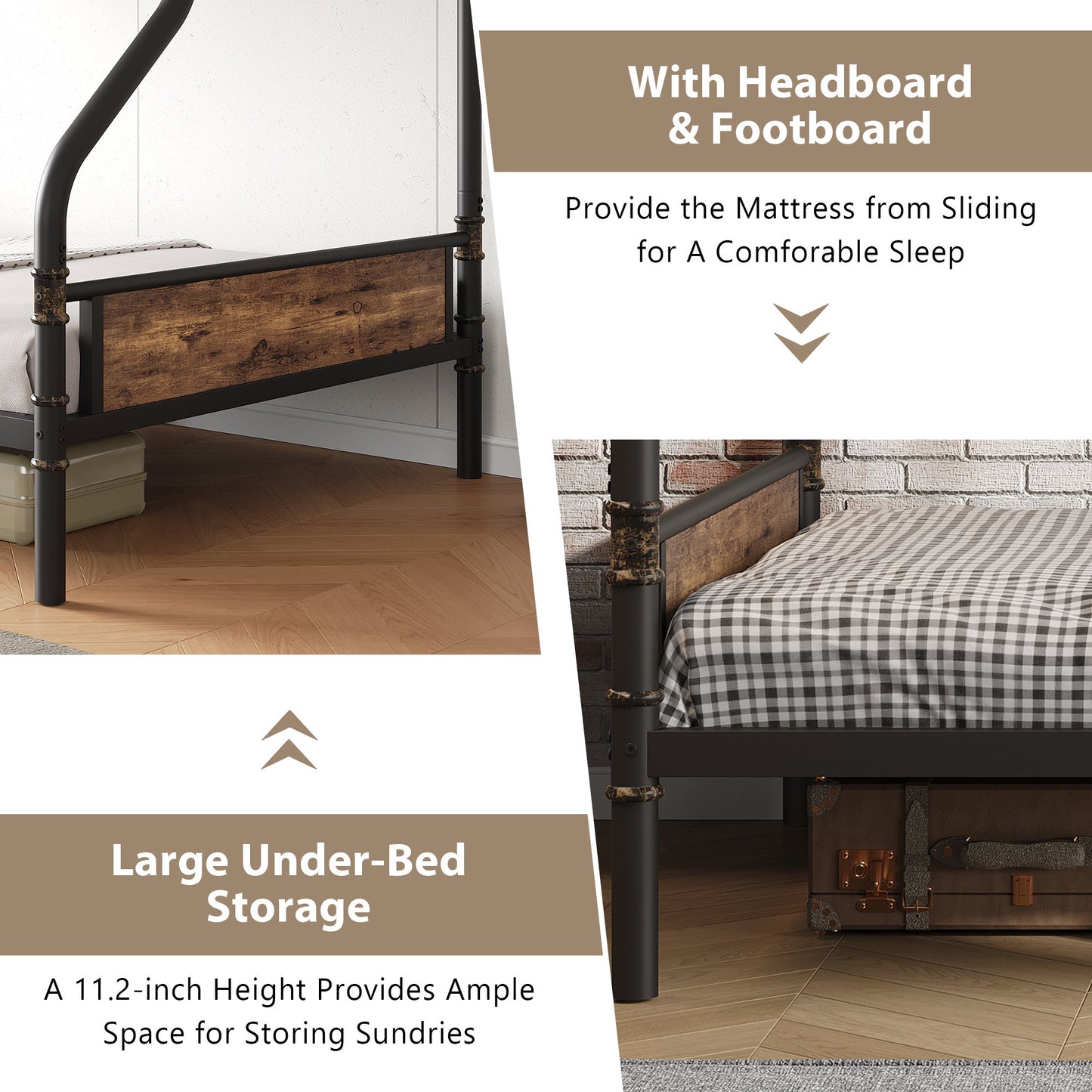 Hijob Twin over Full Bunk Bed, Antique Heavy Duty Metal Bed Frame with Storage Bag&Hooks for Adults Teens, Convertible into 2 Seperate Beds, Black&Brown