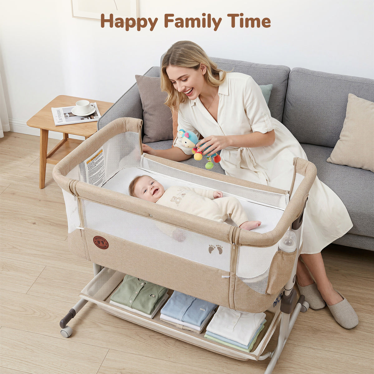 Vipuse 3-in-1 Baby Bassinet Bedside Sleeper, 6 Height Adjustments, Full Mesh Breathable, Portable Newborn Baby Crib with Storage Basket,Oatmeal