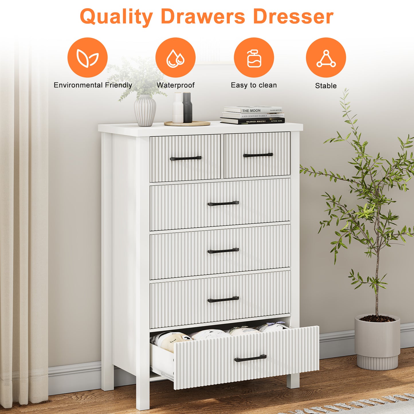 Nifamembo Fluted Dresser with 6 Wood Drawers, Dressers & Chests of Drawers Smooth Metal Rail