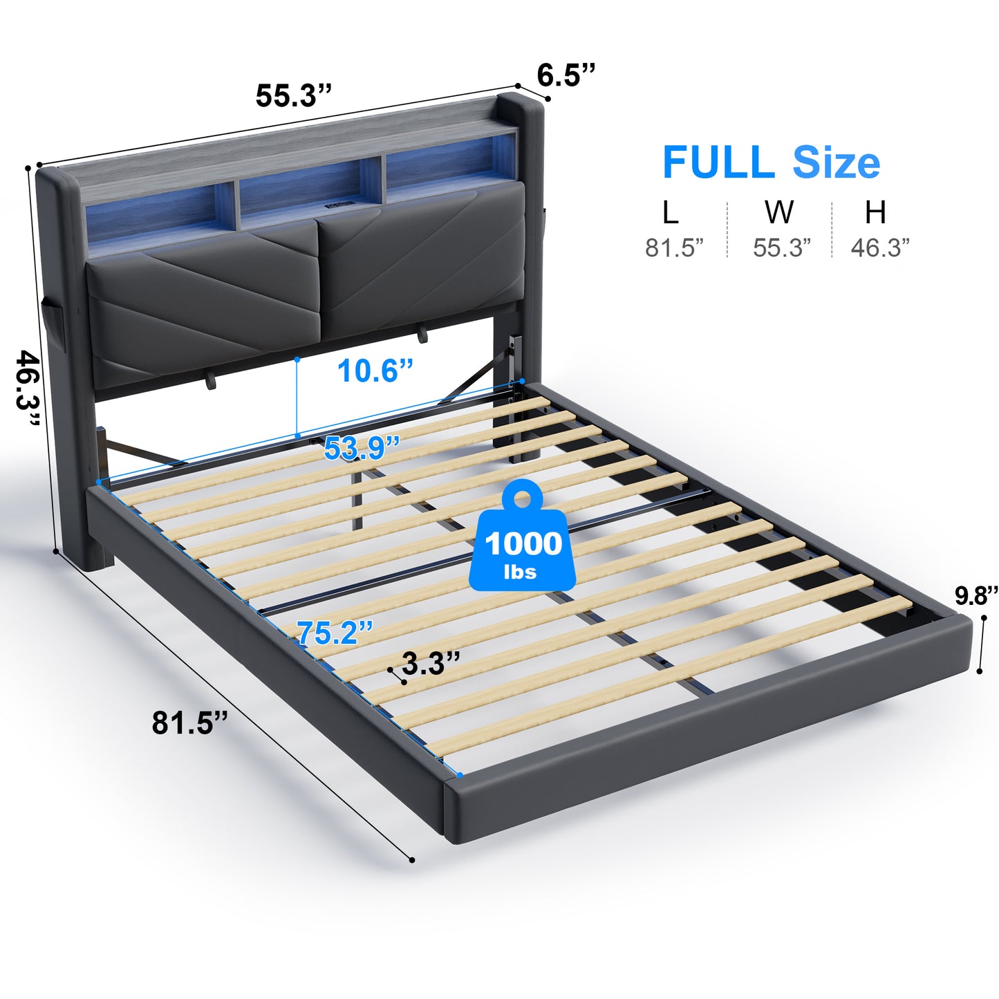 Hijob Full Size Floating Bed Frame with LED Upholstered Platform, Velvet Bed Frame & Ergonomic Storage Headboard, Charging Station, Gray