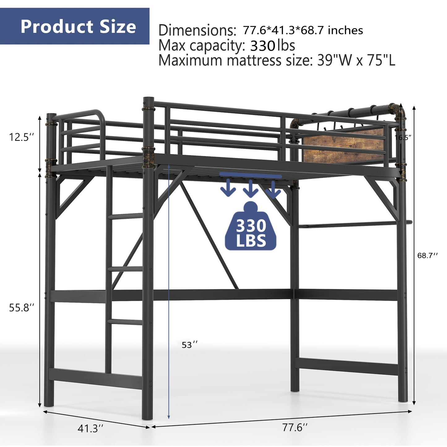 Hijob Twin Size Loft Bed with Removable Charging Station, LED Lights, Industrial Heavy Duty Metal Twin Loft Bed with Multi-functional Fabric Storage and Safety Guard Rails for Space, Black