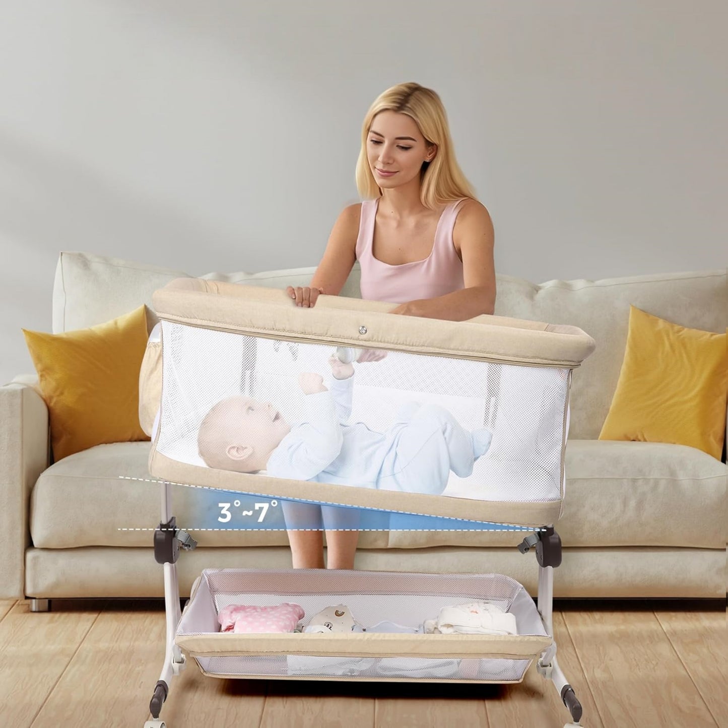 Minikid 3-in-1 Baby Bassinet Bedside Sleeper, 6 Height Adjustments, Full Mesh Breathable, Portable Newborn Baby Crib with Storage Basket,Oatmeal