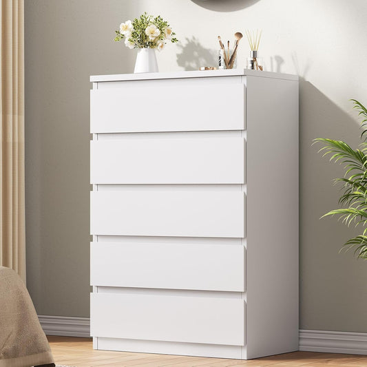 Anyact 5 Drawer Dresser, Modern Storage Cabinet for Bedroom, 40" Tall Chest Mid Century Vertical Dresser w/Natural Texture of Drawers for Living Room, Bed room, White