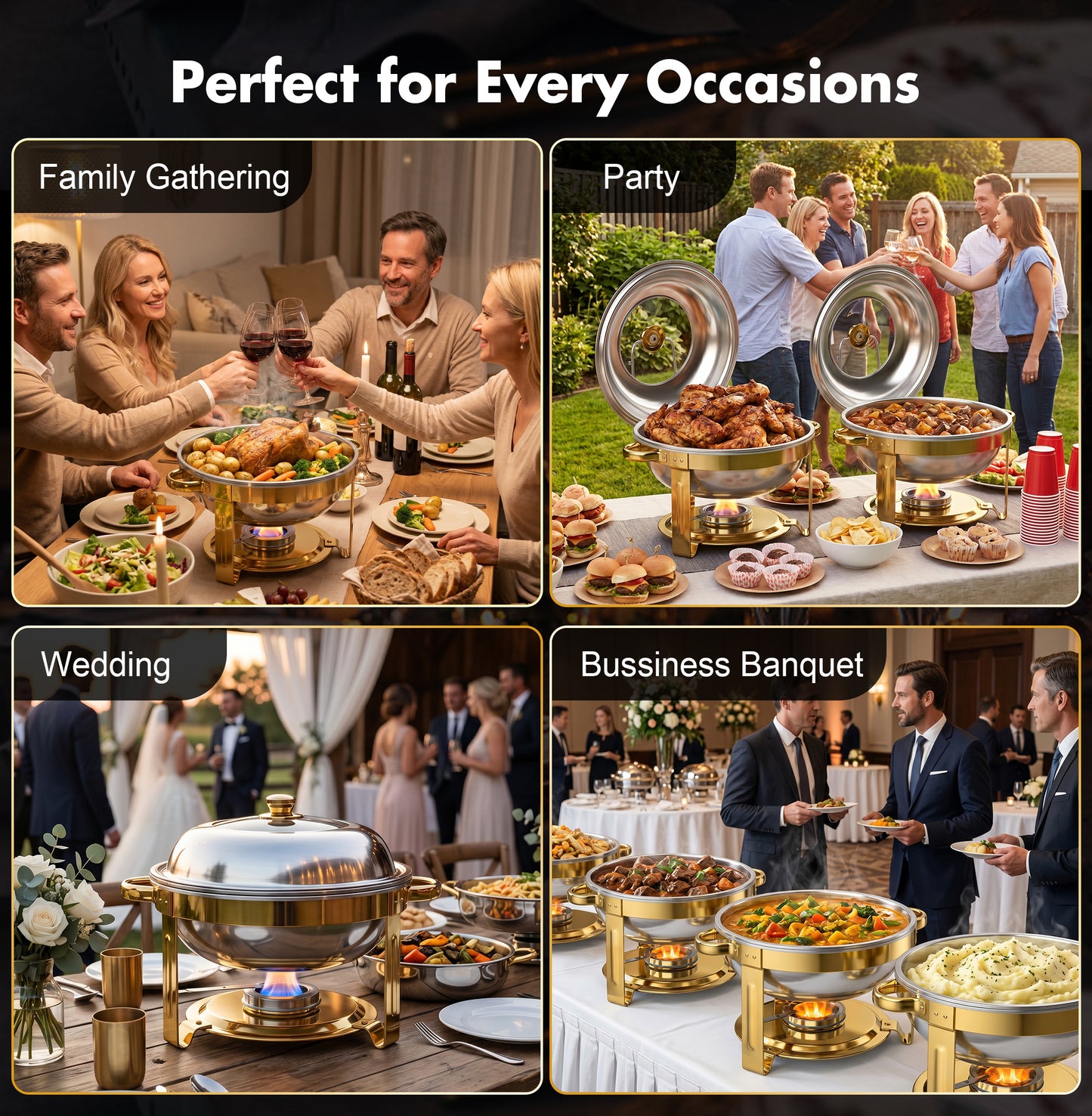 Vipuse Chafing Dishes for Buffet, 4 Pack 5QT Round Stainless Steel Chafing Dish Set for Home Parties, Christmas Gatherings, Catering Events Complete Buffet Warmer Set, Golden