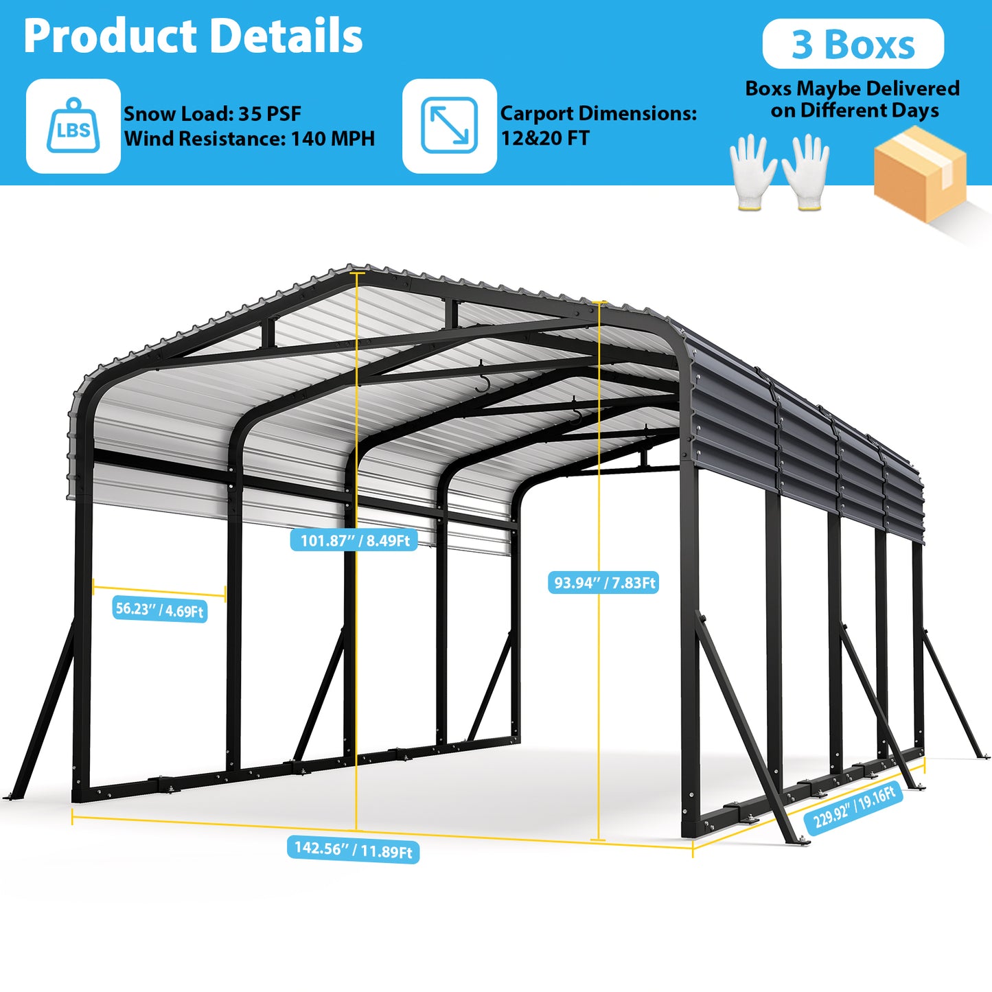Cocosity 12x20 FT Metal Carport with Galvanized Steel Roof, Heavy Duty Outdoor Hardtop Car Shelter with Reinforced Ground Anchors for Cars, Boats, Tractors and Trailers Black