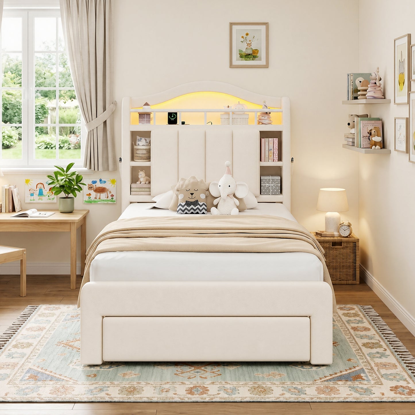 Hijob Beige Velvet Upholstered Platform Twin Size LED Bed Frame with Drawer Adjustable Lighted Headboard for Girls Kid's Bedroom