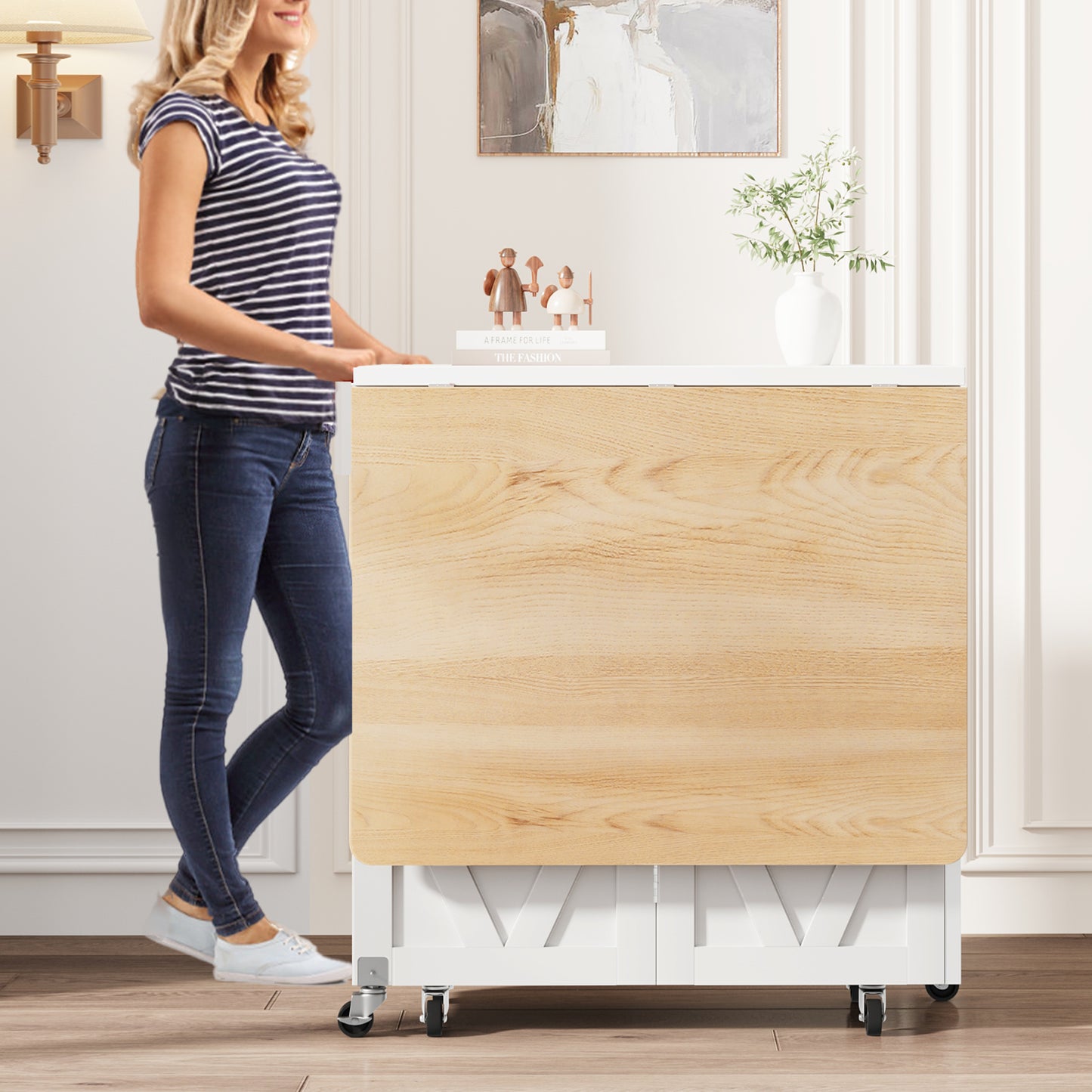 Anyact Space Saving Versatile Folding Kitchen Dining Table with Wheels & Storage Shelf for Small Apartment