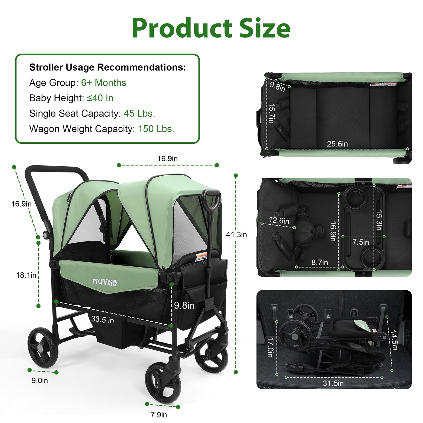 Minikid Baby Stroller Wagon With Canopy,Organizer,Adjustable Handle & Pull Bar for Infants and Toddlers,Green