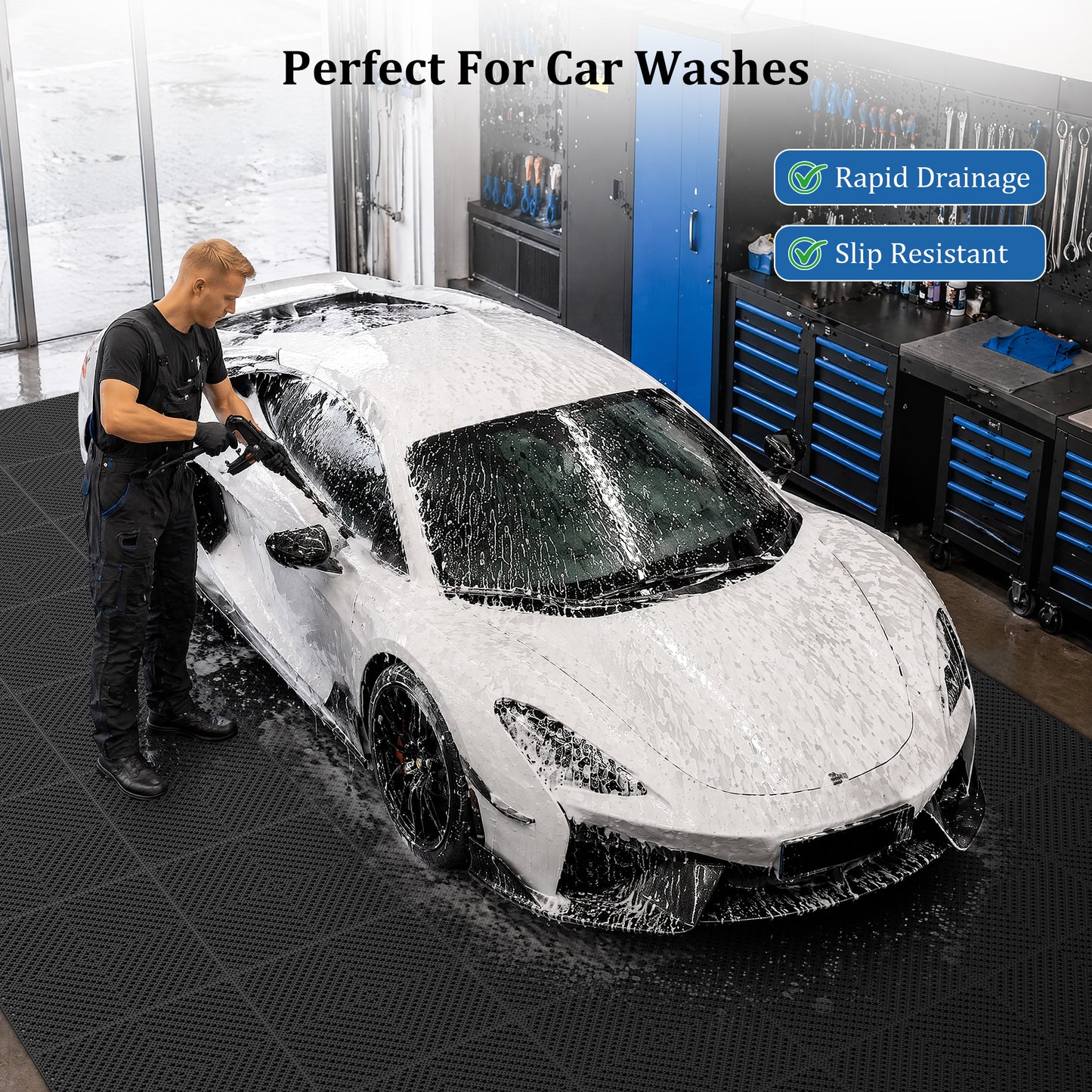 Vipuse 60PCS Interlocking Tile Cushion,12" x 12" Drainage Floor Mats, Soft PVC Non-Slip Tiles with Drainage Holes for Wet Areas like Bathrooms, Kitchens, Pools, and Restrooms, Black