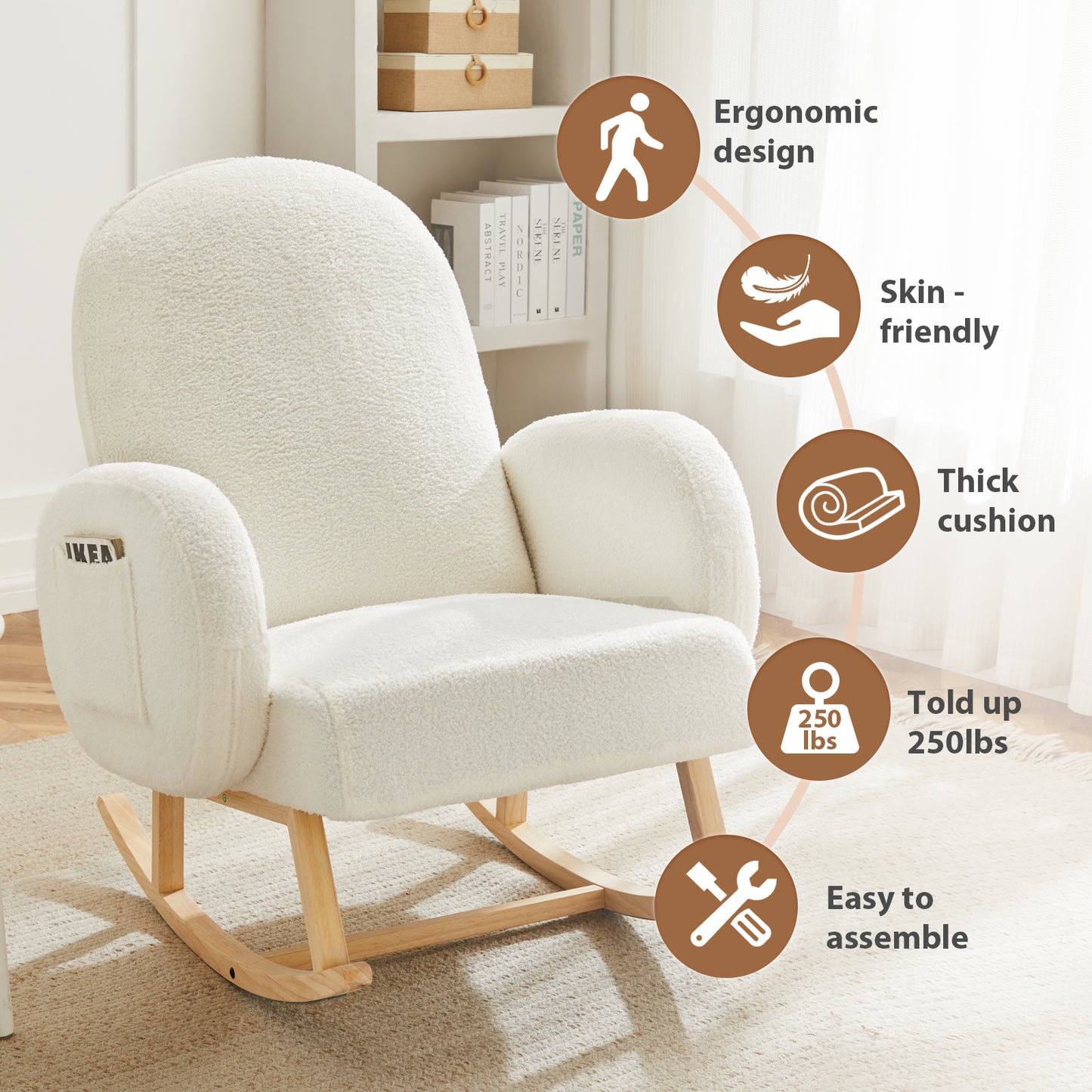 Nifamembo Teddy Nursery Rocking Chair with Solid Wood Legs, Glider Chair with Two Side Pockets for Living Room