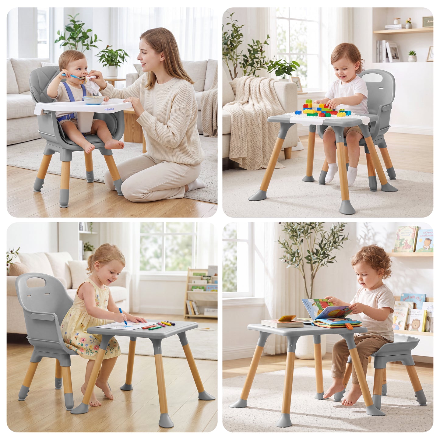 Minikid Wooden Baby High Chair with Removable Tray, 8 in 1 Convertible Feeding Highchair for Toddlers,Gray