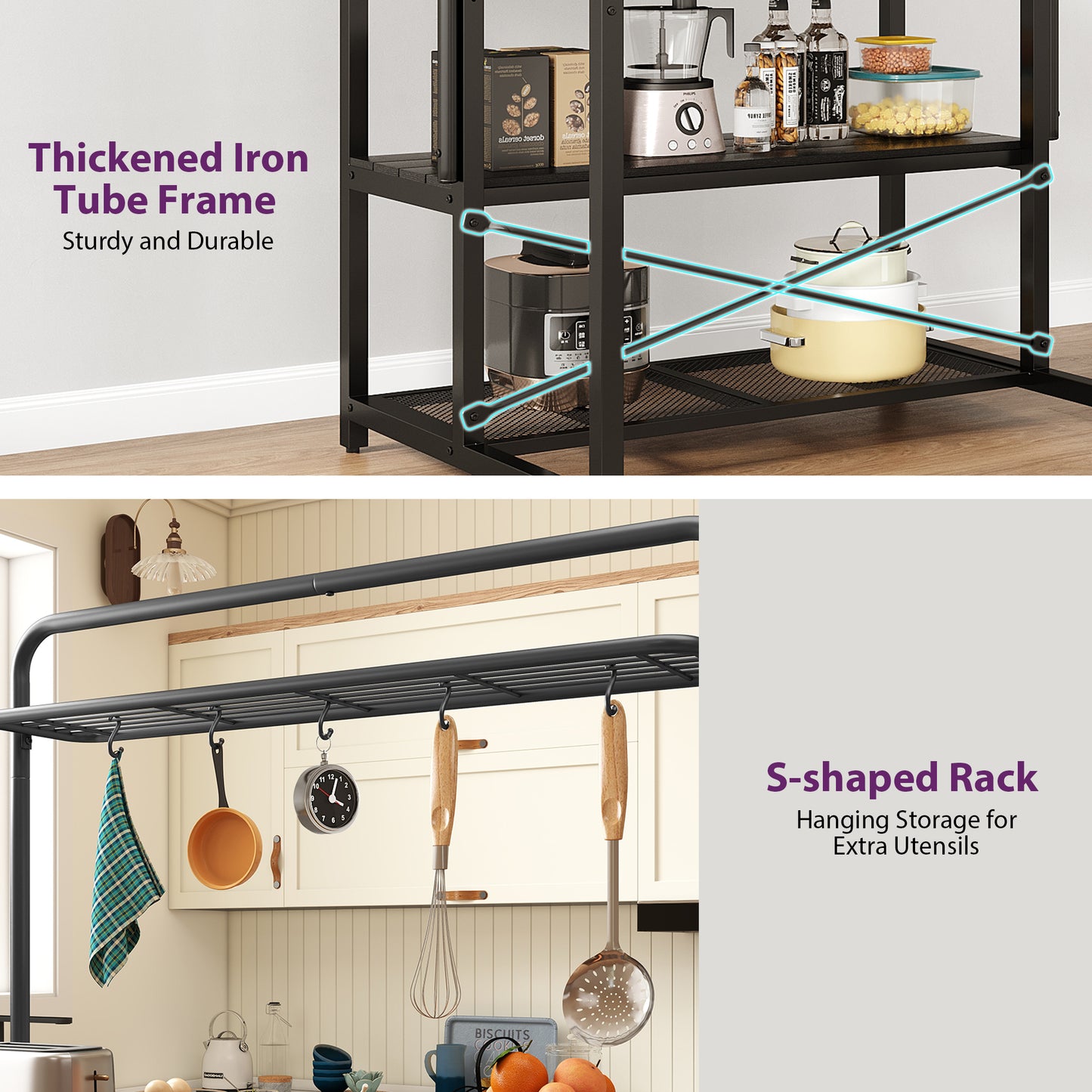 Anyact Kitchen Island with Power Outlet&5 Hooks, Bakers Rack with Storage,Industrial Coffee Bar Table for Kitchen Dining Living Room(Vintage Brown)