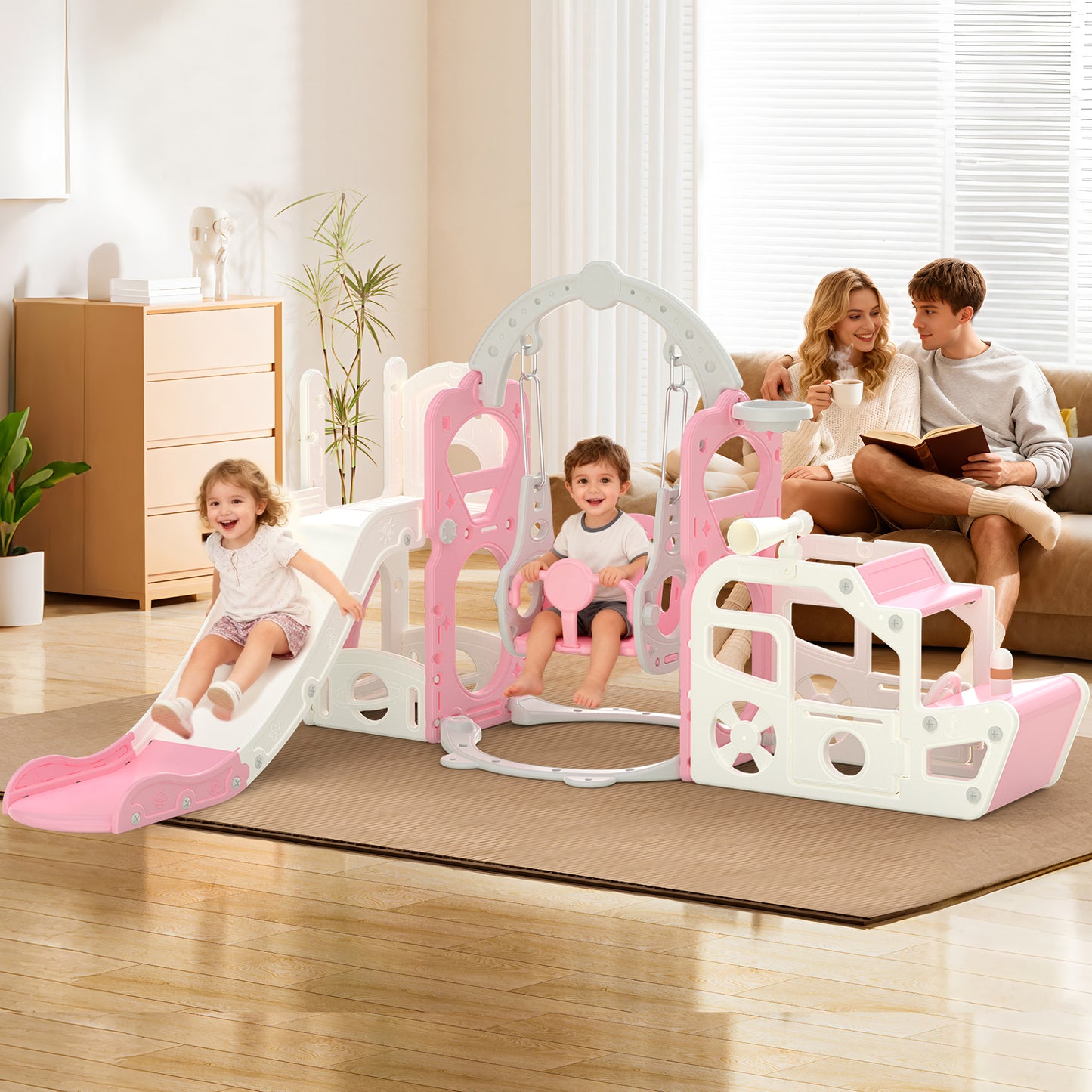 Vipuse 6 in 1 Kid Slide, Indoor and Outdoor Toddler Playground for Girls Age 1-3,Pink