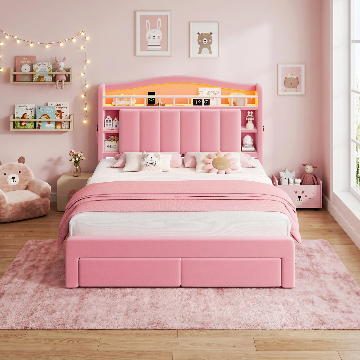 Hijob Pink Velvet Upholstered Platform Full Size LED Bed Frame with Drawer Adjustable Lighted Headboard for Girls Kid's Bedroom, Pink
