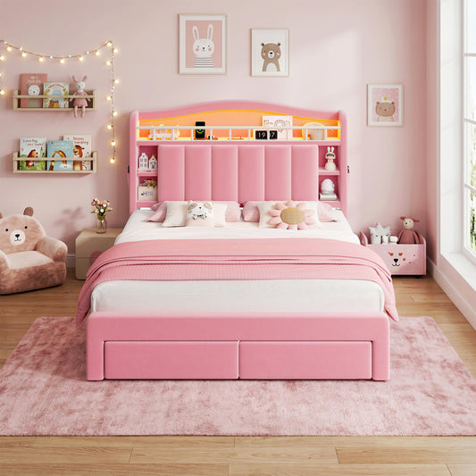 Hijob Pink Velvet Upholstered Platform Full Size LED Bed Frame with Drawer Adjustable Lighted Headboard for Girls Kid's Bedroom, Pink