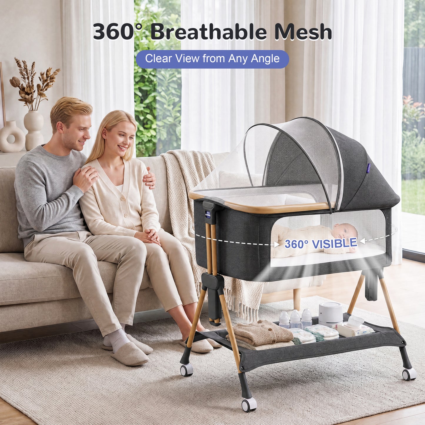 Vipuse 3-in-1 Baby Bassinet Bedside Sleeper, Black