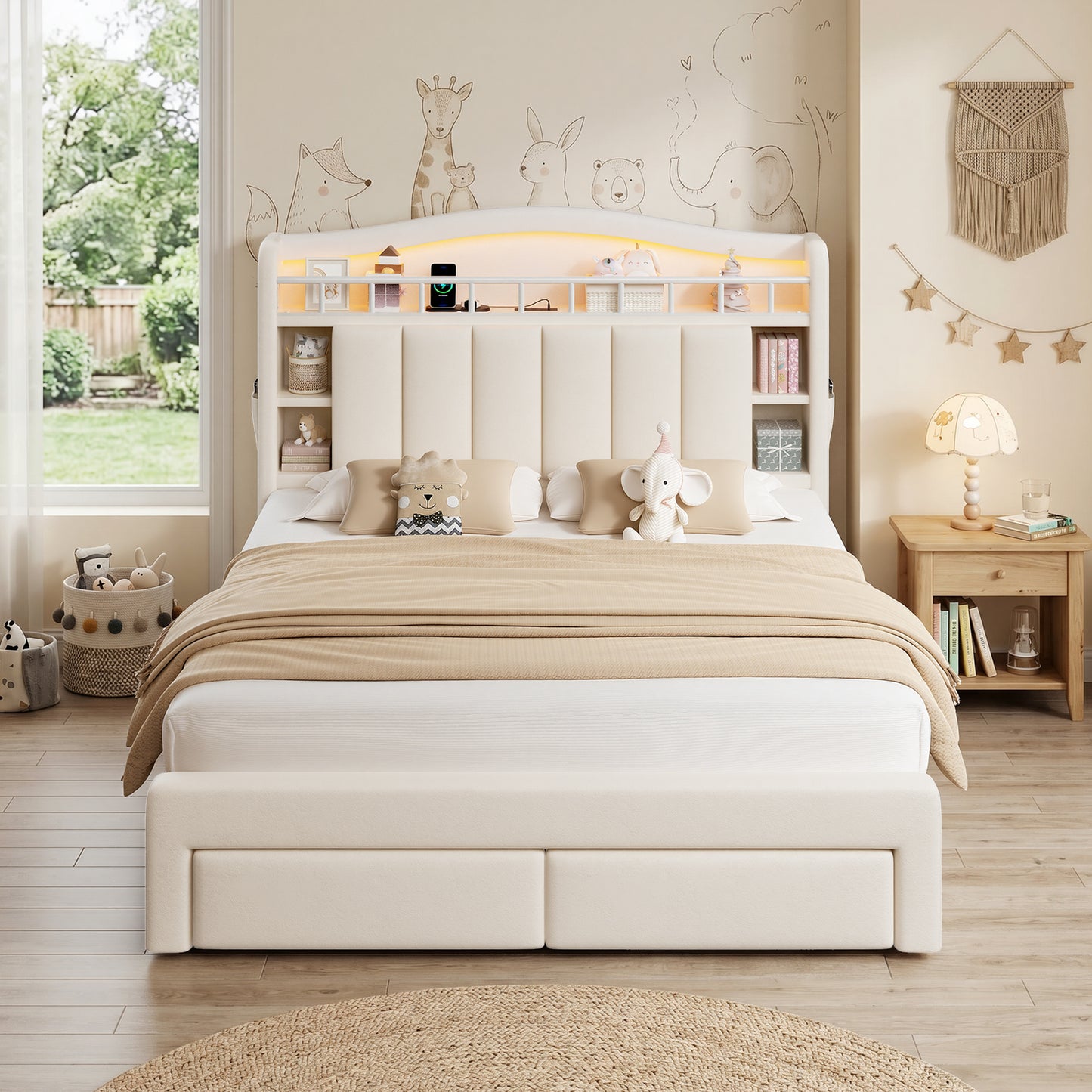 Hijob Beige Velvet Upholstered Platform Full Size LED Bed Frame with Drawer Adjustable Lighted Headboard for Girls Kid's Bedroom