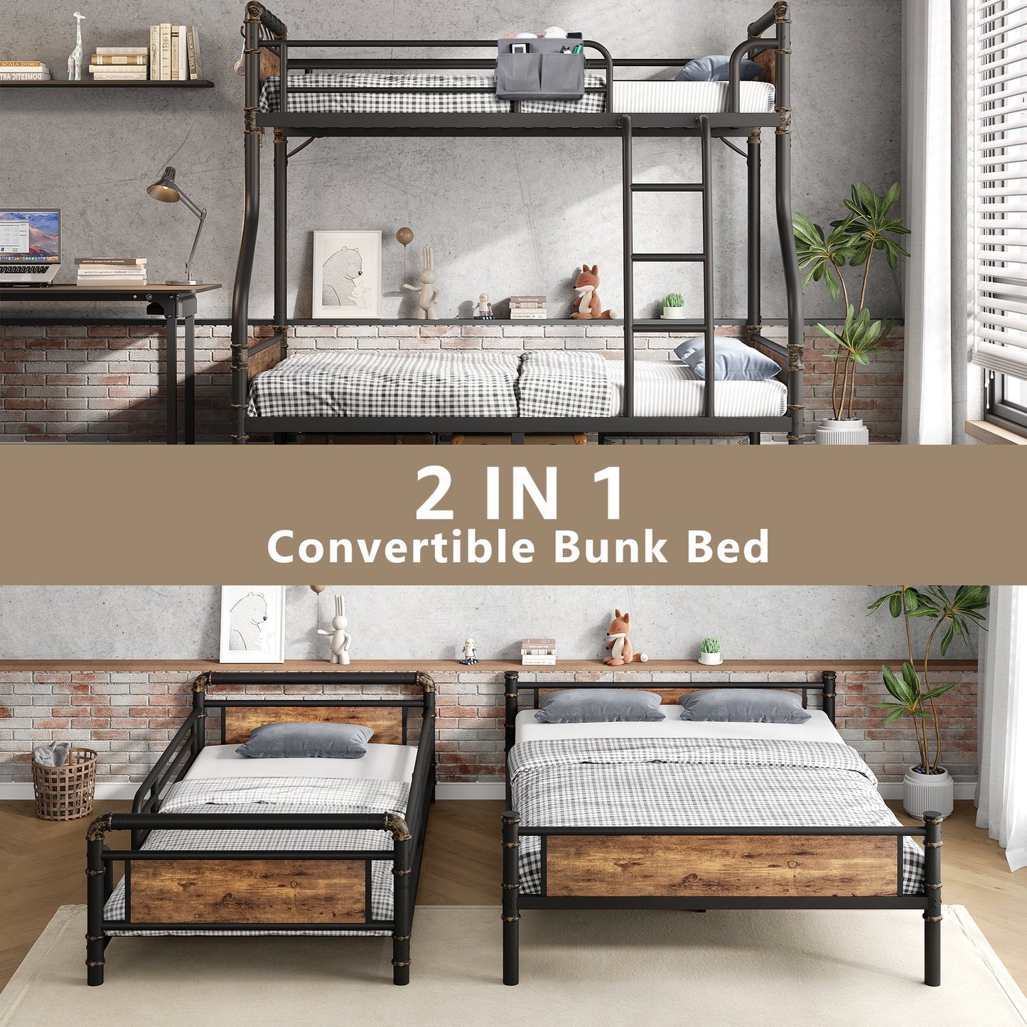 Hijob Twin over Full Bunk Bed, Antique Heavy Duty Metal Bed Frame with Storage Bag&Hooks for Adults Teens, Convertible into 2 Seperate Beds, Black&Brown