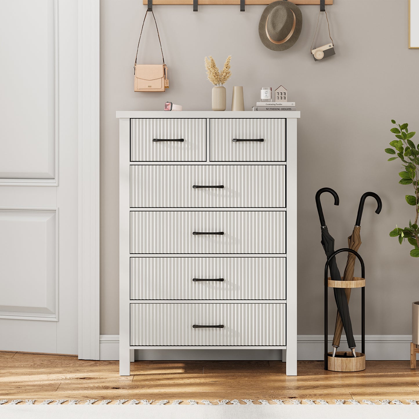 Nifamembo Fluted Dresser with 6 Wood Drawers, Dressers & Chests of Drawers Smooth Metal Rail