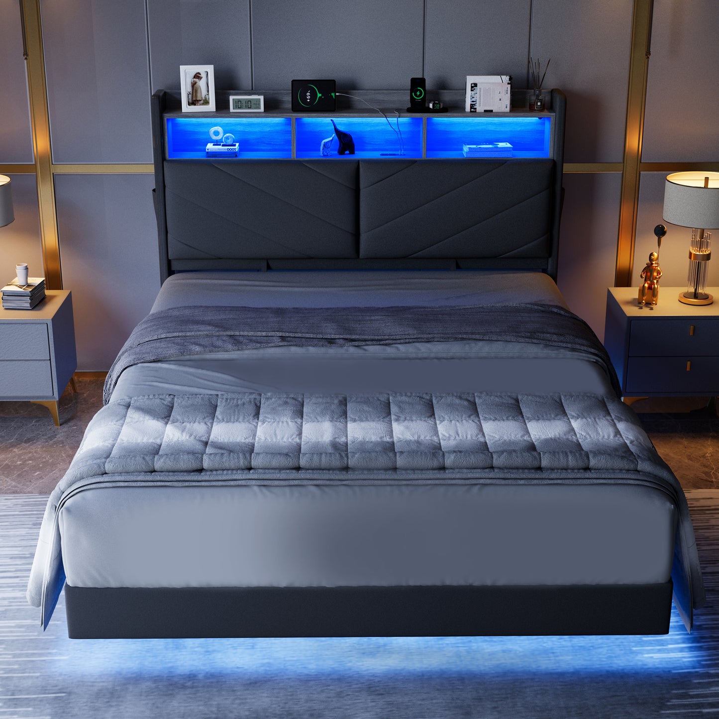 Anyact Floating Upholstered Bed Frame Queen Size with Ergonomic & Adjustable Storage Headboard, Gray