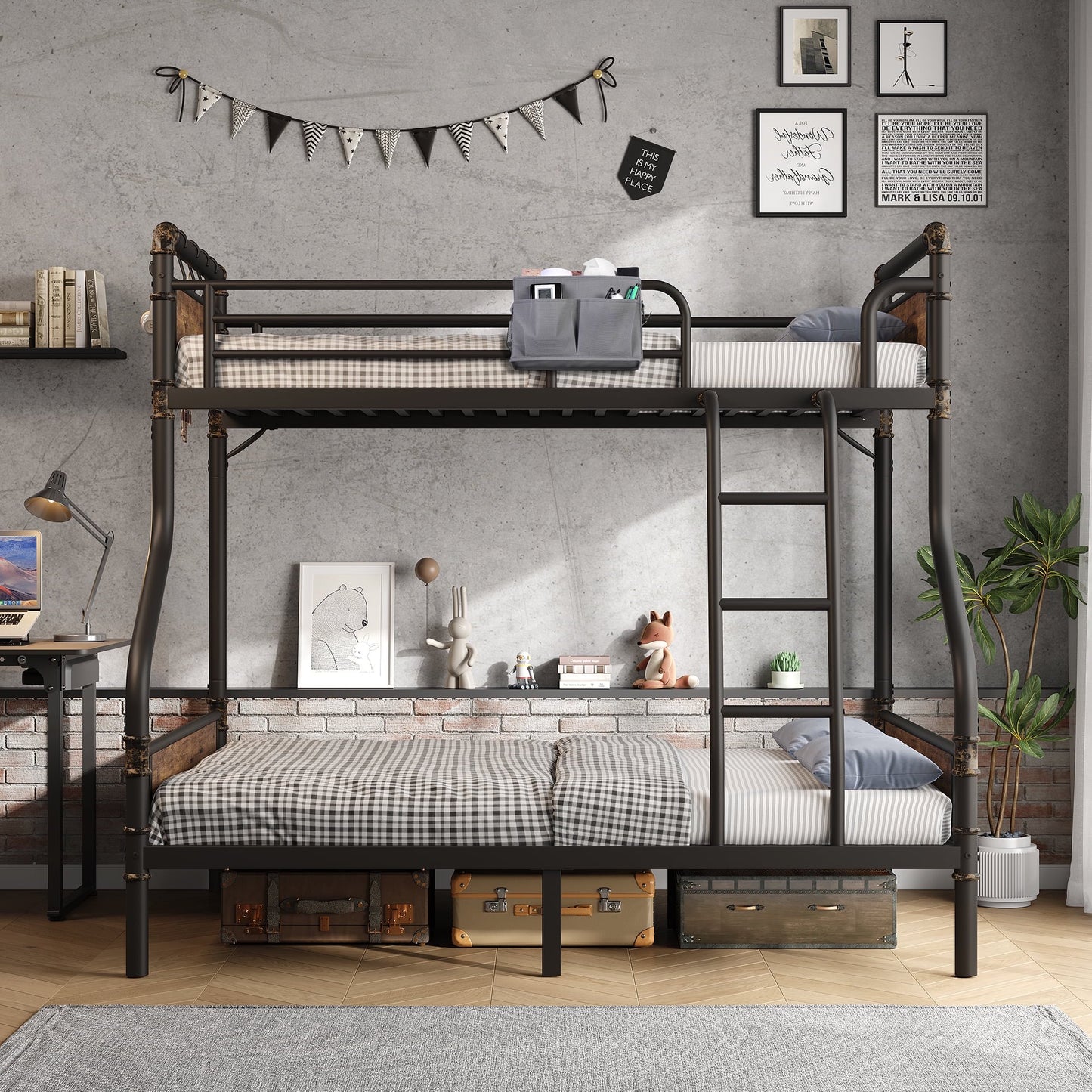 Hijob Twin over Full Bunk Bed, Antique Heavy Duty Metal Bed Frame with Storage Bag&Hooks for Adults Teens, Convertible into 2 Seperate Beds, Black&Brown