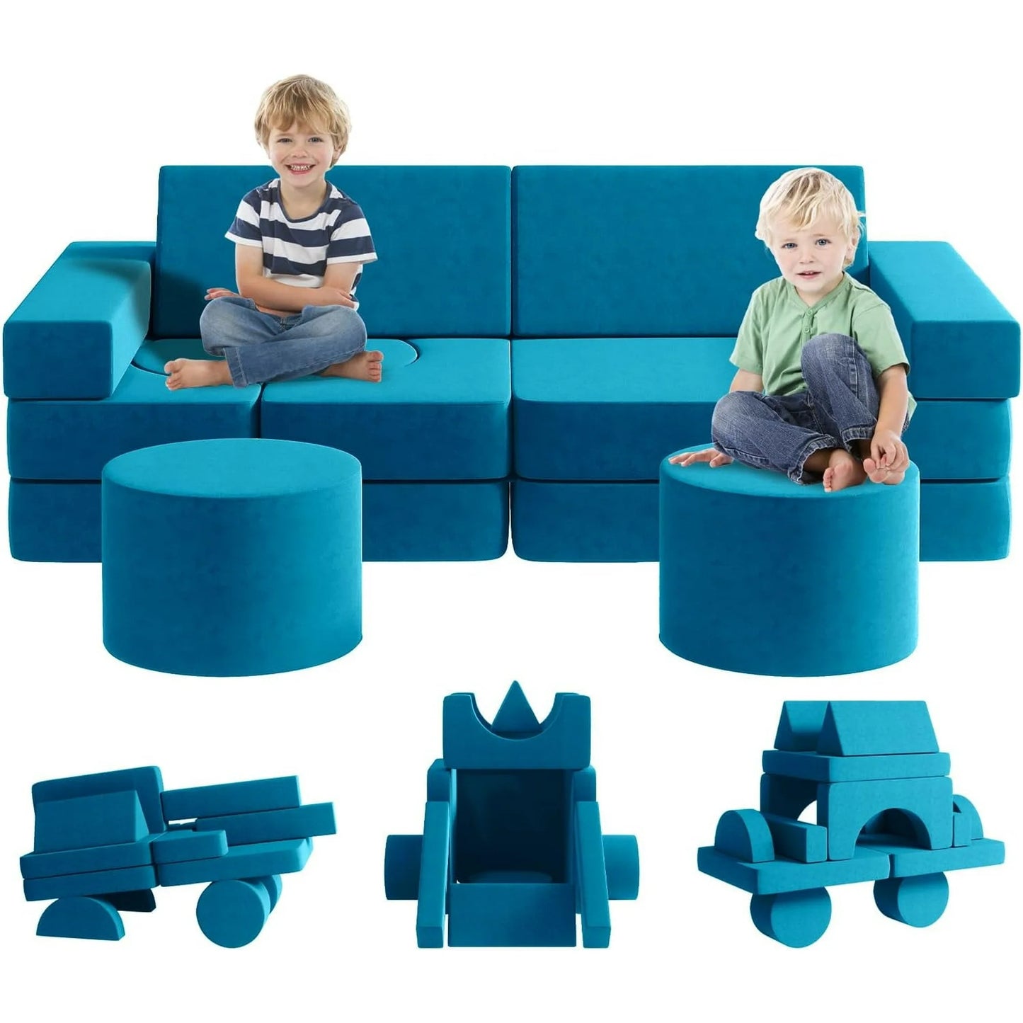 Welbabel 13 Pcs Kids Sofa Couch,Modular Toddler Couch for Playroom,Multifunctional Play Couch for Toddlers Boys and Girls,Blue