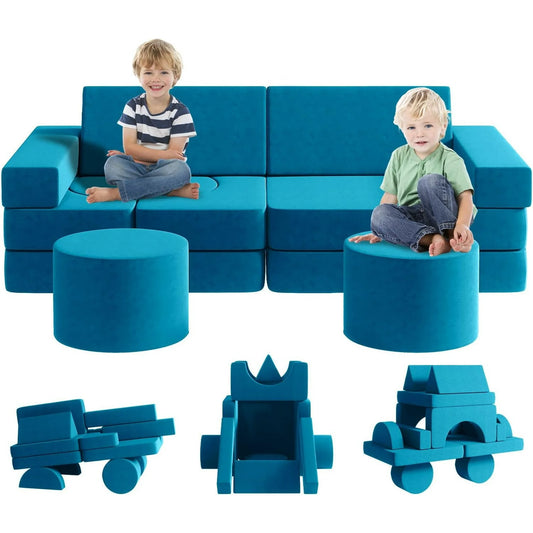 Welbabel 13 Pcs Kids Sofa Couch,Modular Toddler Couch for Playroom,Multifunctional Play Couch for Toddlers Boys and Girls,Blue