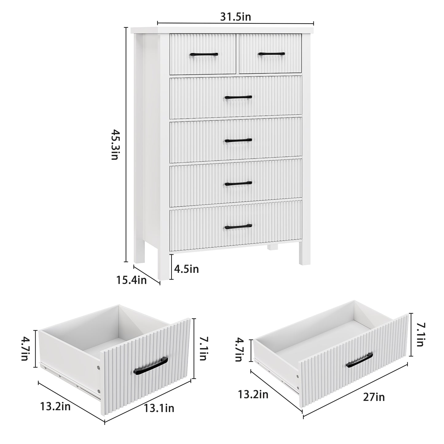 Nifamembo Fluted Dresser with 6 Wood Drawers, Dressers & Chests of Drawers Smooth Metal Rail