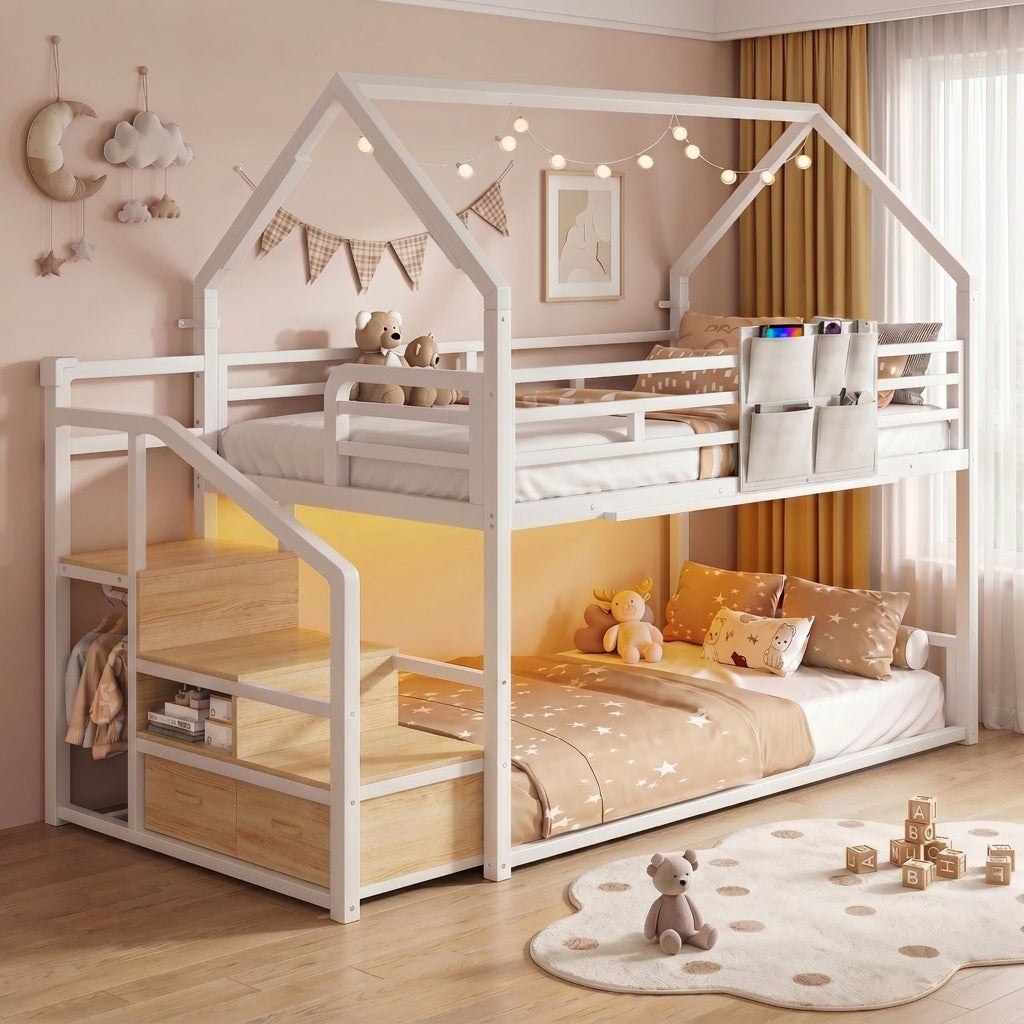 Hijob Twin Over Twin House Bunk Bed for Kids, Low Profile Metal Frame with Storage Stairs & Clothes Rack, White