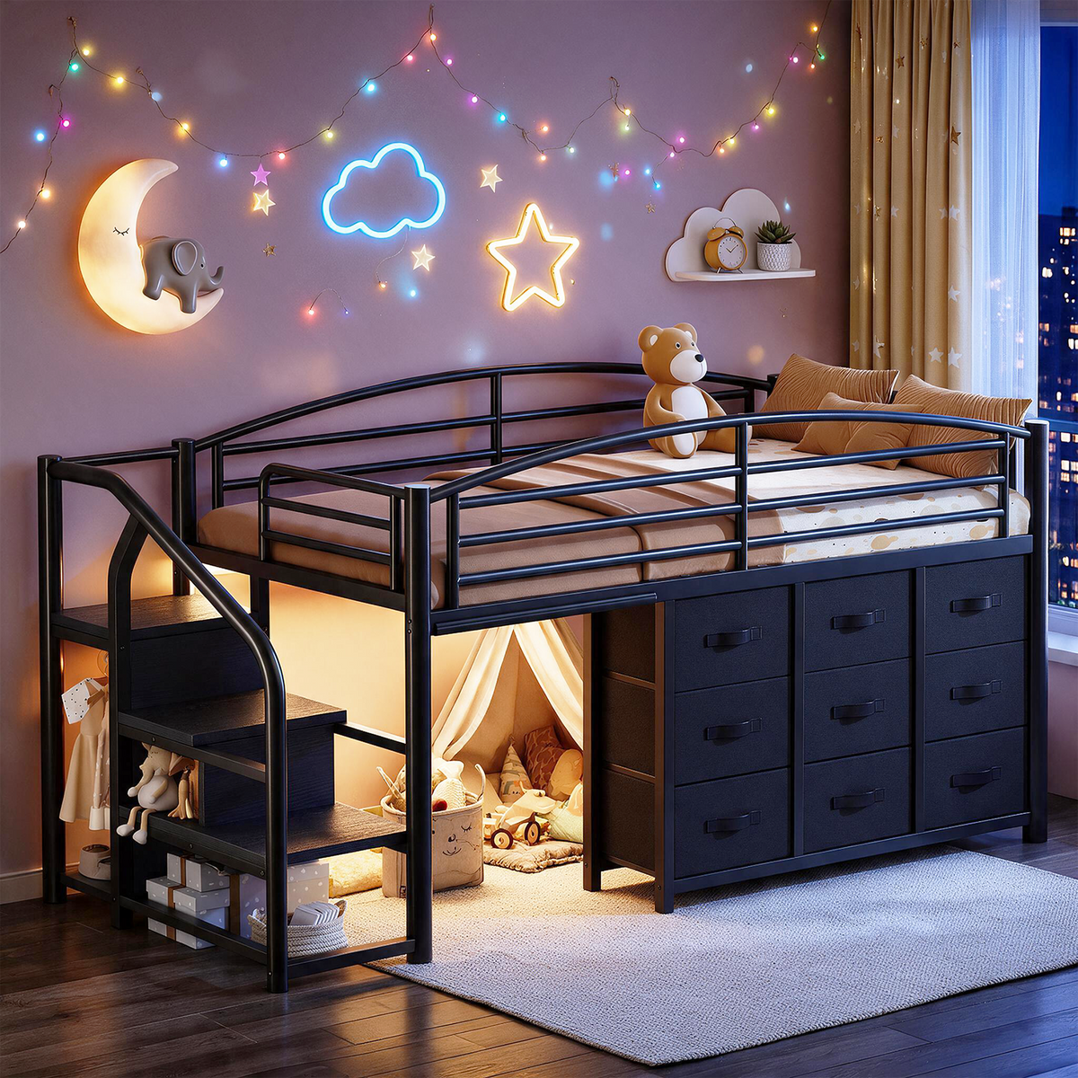 HiJob Low Loft Bed with 9 Storage Drawers, Corner Storage Stairs & LED Lights, Twin Loft Bed for Kids with Hanging Rod and Guardrails, Black