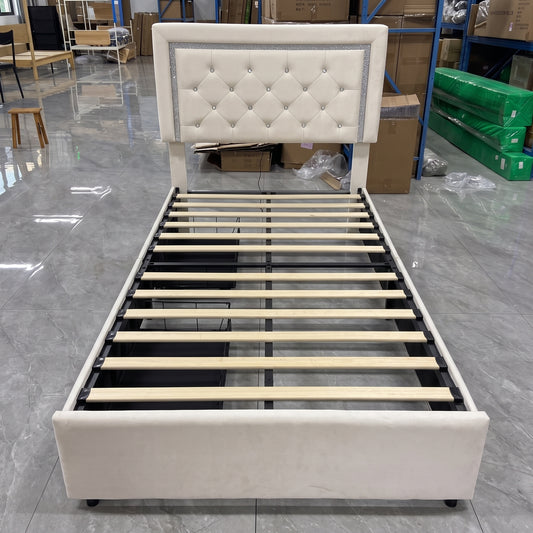 Hijob Twin Size LED Bed Frame with Storage Drawers, Velvet Upholstered Platform Bed with Adjustable Headboard, Built in Charging Station, Beige