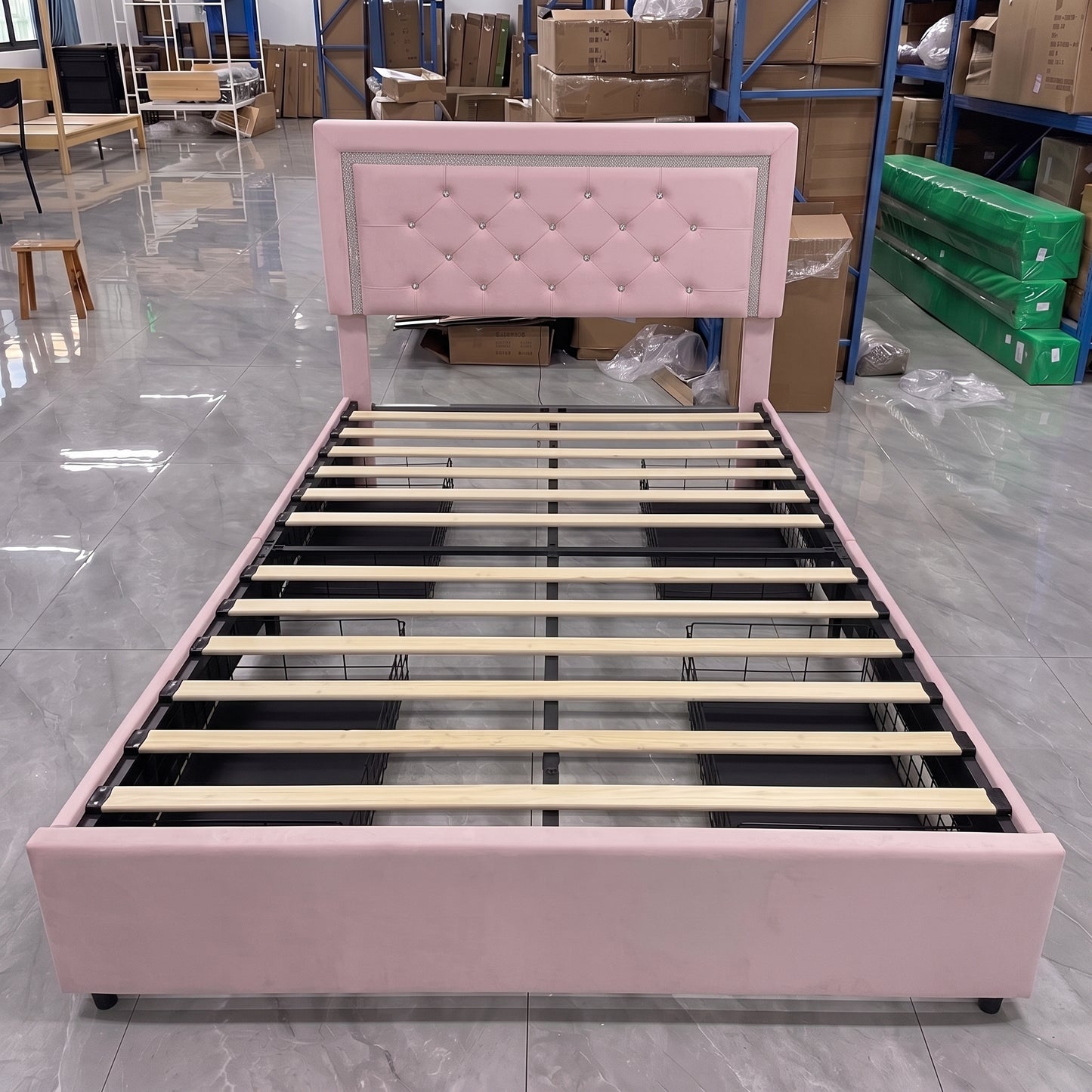 Hijob Twin Size LED Bed Frame with Storage Drawers, Velvet Upholstered Platform Bed with Adjustable Headboard, Built in Charging Station, Pink