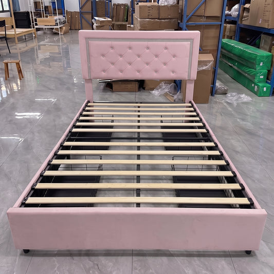 Hijob Twin Size LED Bed Frame with Storage Drawers, Velvet Upholstered Platform Bed with Adjustable Headboard, Built in Charging Station, Pink