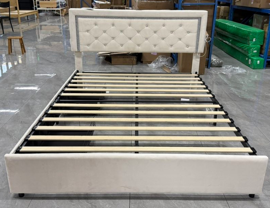 Hijob Full Size LED Bed Frame with Storage Drawers, Velvet Upholstered Platform Bed with Adjustable Headboard, Built in Charging Station, Beige